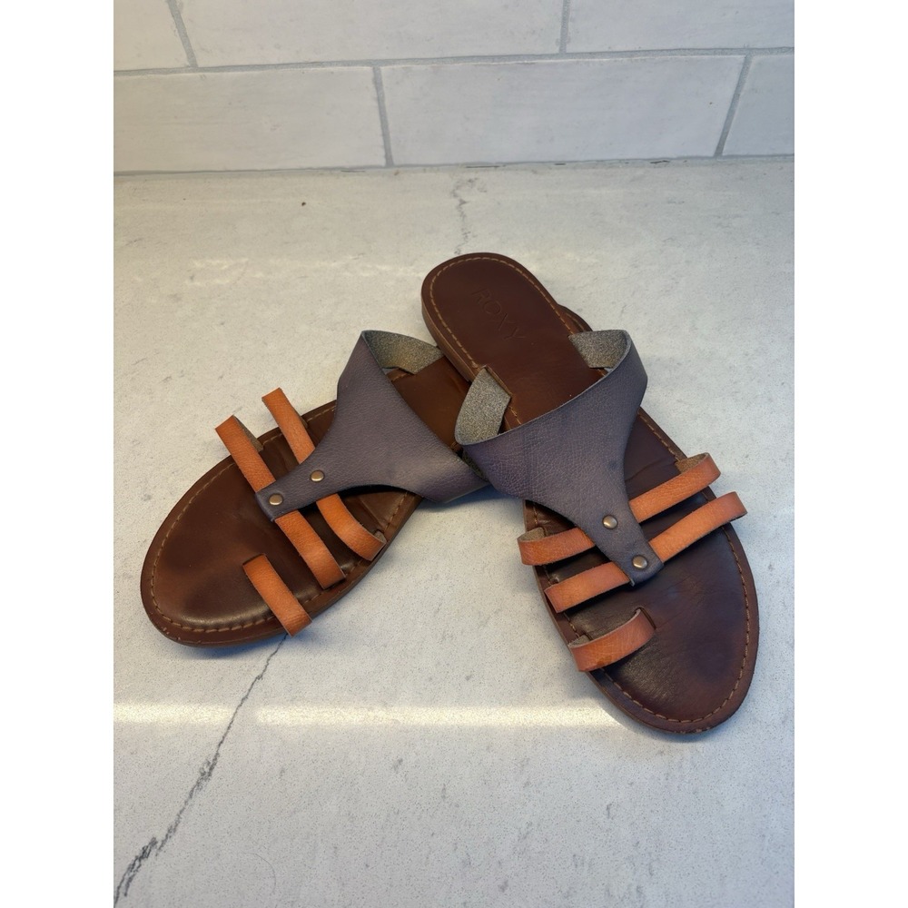 Roxy Pauline Sandals Women's 11 Boho Strappy Blue Orange Studded Toe Ring Flat